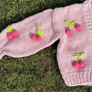 Petunia Pink Cherry Acrylic Handmade Knit Cardigan, One Size